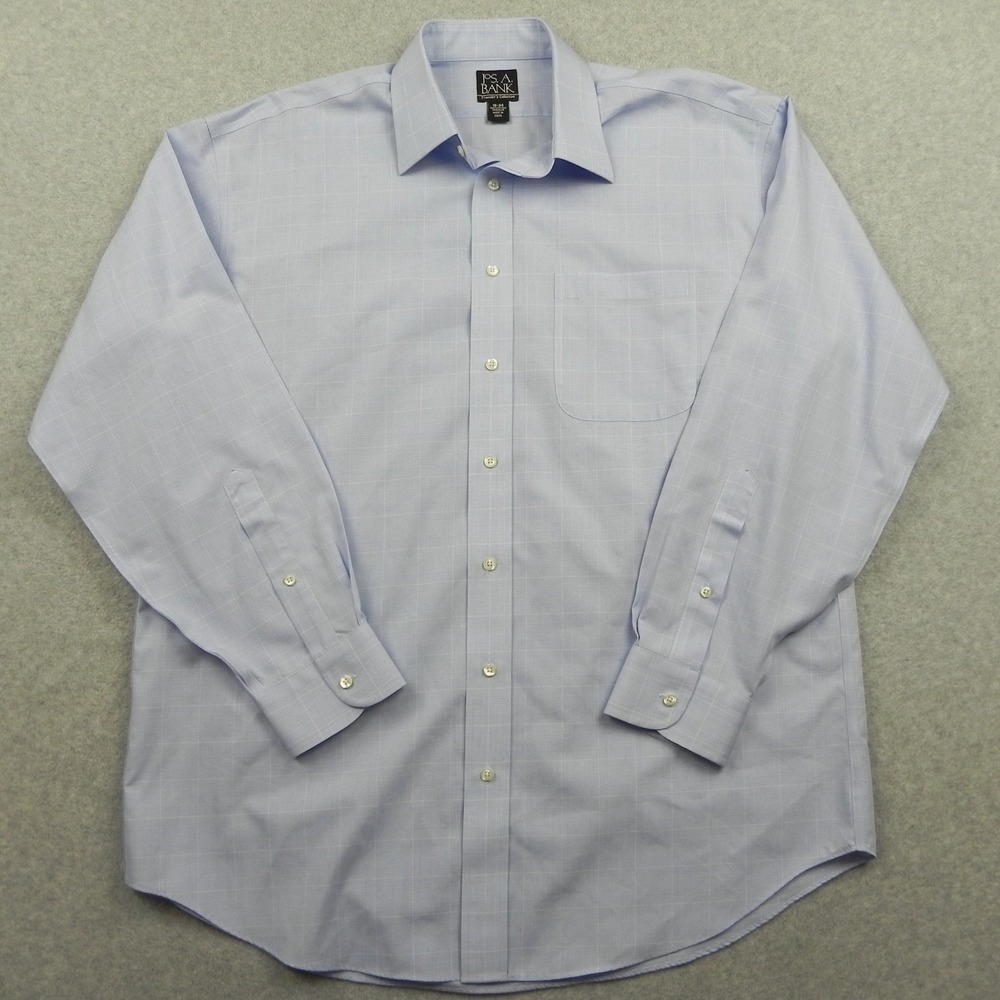 Jos A Bank Shirt Mens 16-34 Traveler Pocket Button Up Blue Plaid Long Sleeve
